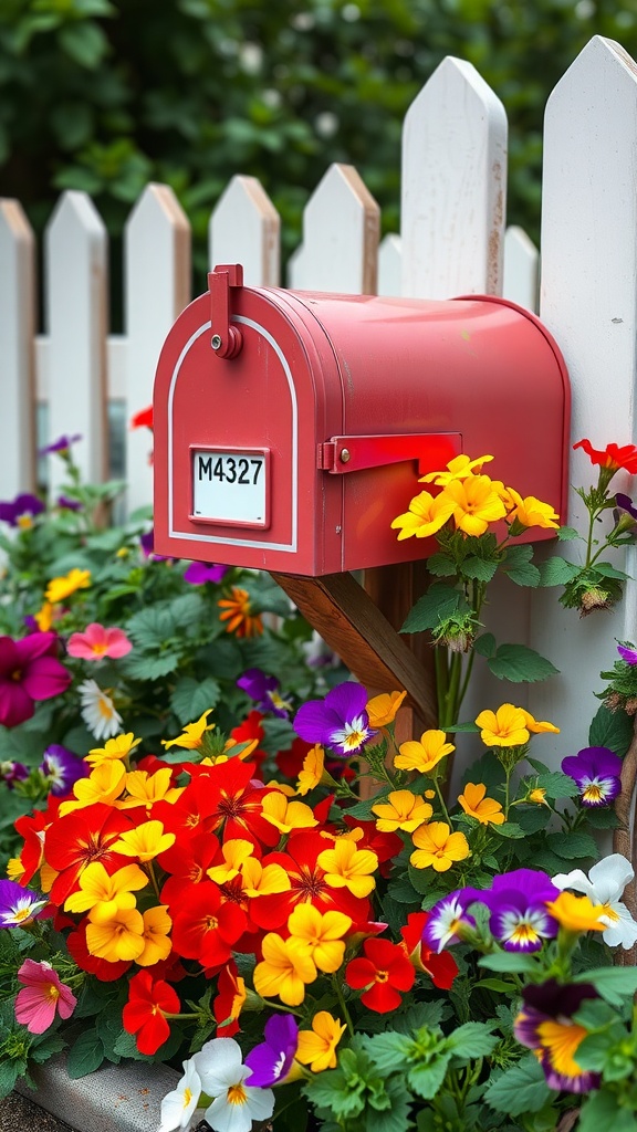 A red mailbox surrounded by colorful edible flowers in a garden.