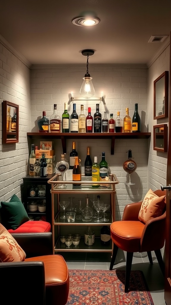 A small basement mini bar area with a shelf of various liquor bottles, a bar cart with glassware, and two comfortable chairs.