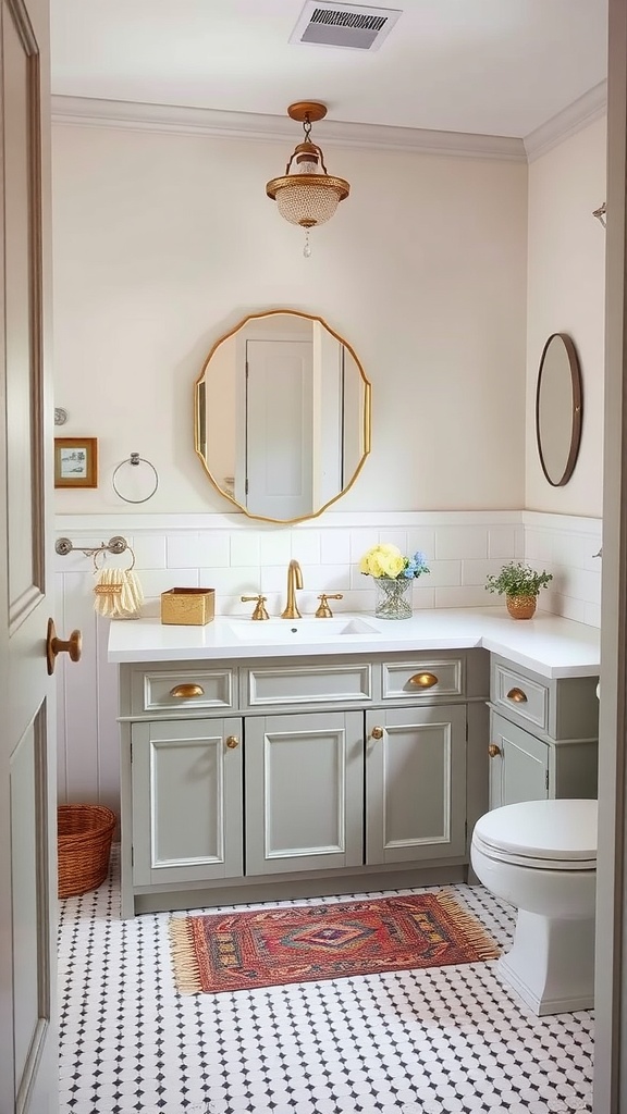 A stylish bathroom featuring charming shaker cabinets in soft green, accented by brass hardware and a patterned rug.