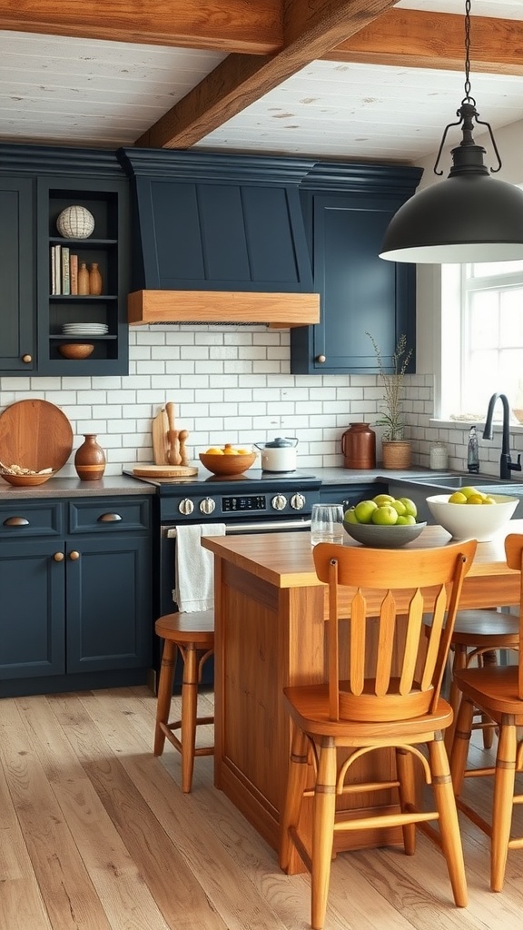 A farmhouse kitchen featuring navy blue cabinets, wooden accents, and a light-filled space.