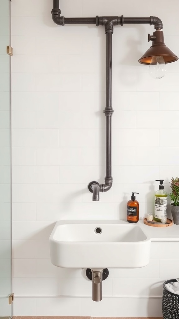 Chic industrial pipe sink with a white basin and dark metal piping, styled with soap dispensers and a plant