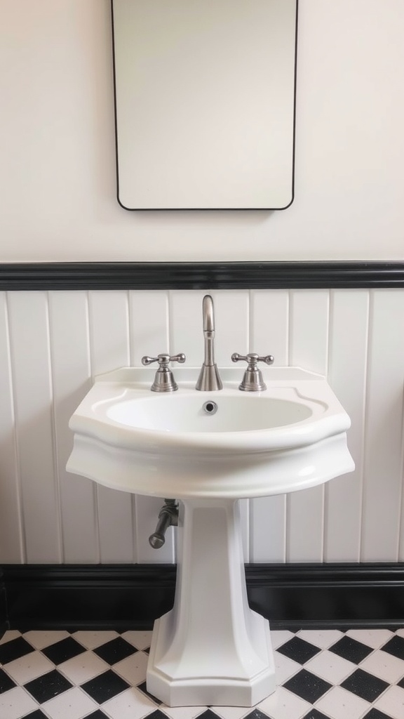 A chic pedestal sink with chrome fixtures and a rectangular mirror in a stylish bathroom setting.