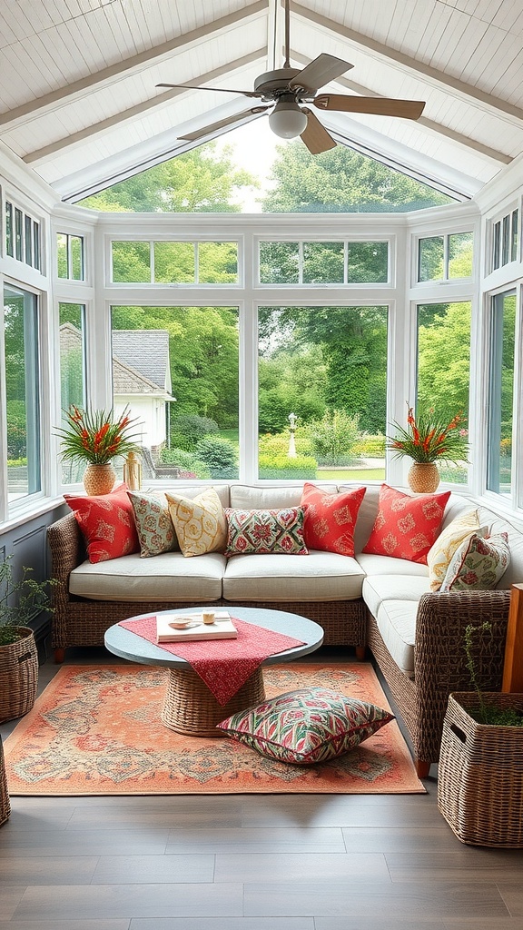 A chic sectional sofa in a sunroom with colorful pillows, a round coffee table, and large windows overlooking greenery.