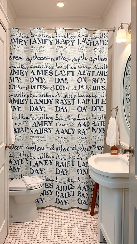 A bathroom with a decorative shower curtain that serves as a laundry screen.