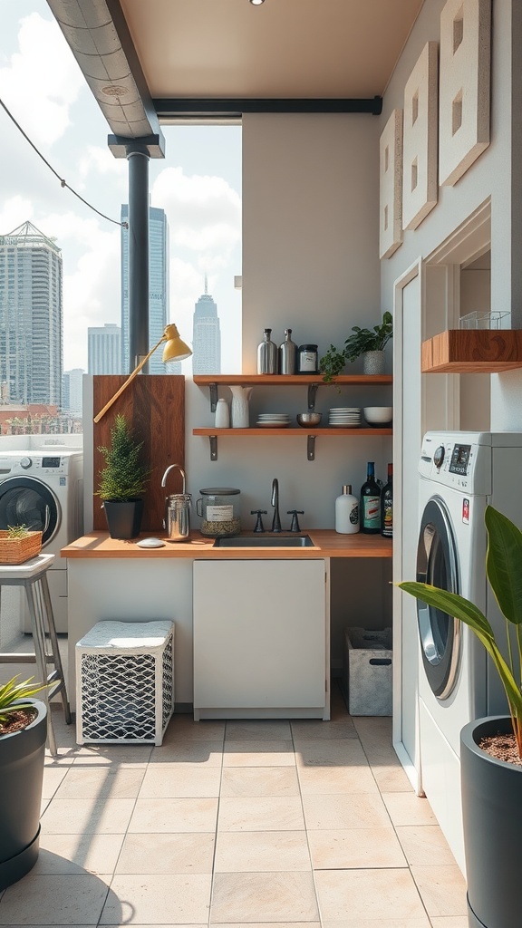 Stylish urban laundry room on a balcony with city views, featuring a washer, dryer, wooden countertop, and plants.
