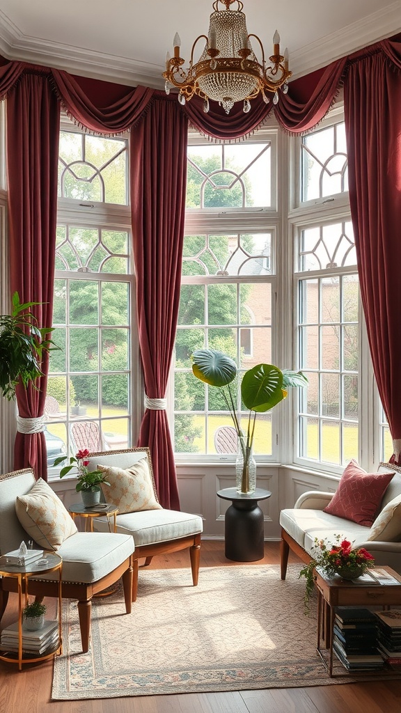 Sunroom with burgundy velvet drapes, elegant furniture, and large windows