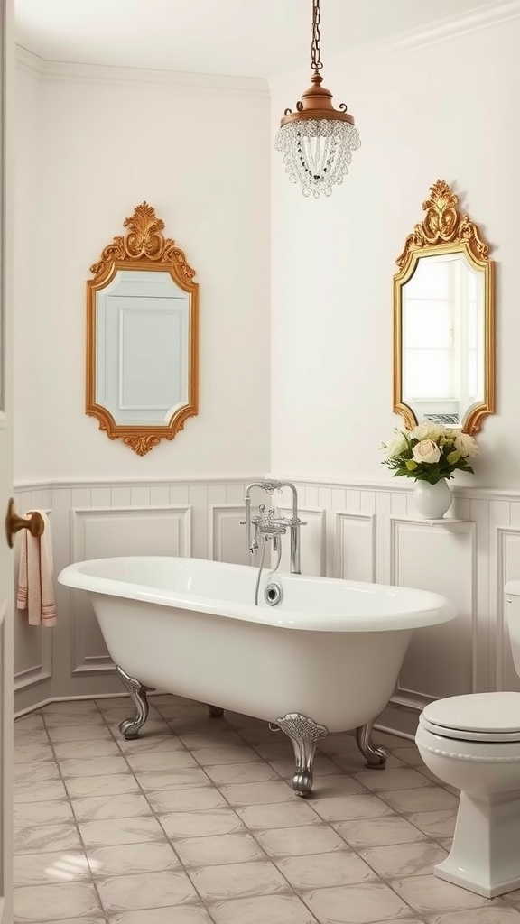 A chic vintage bathroom featuring a freestanding bathtub, gold-framed mirrors, and a chandelier.