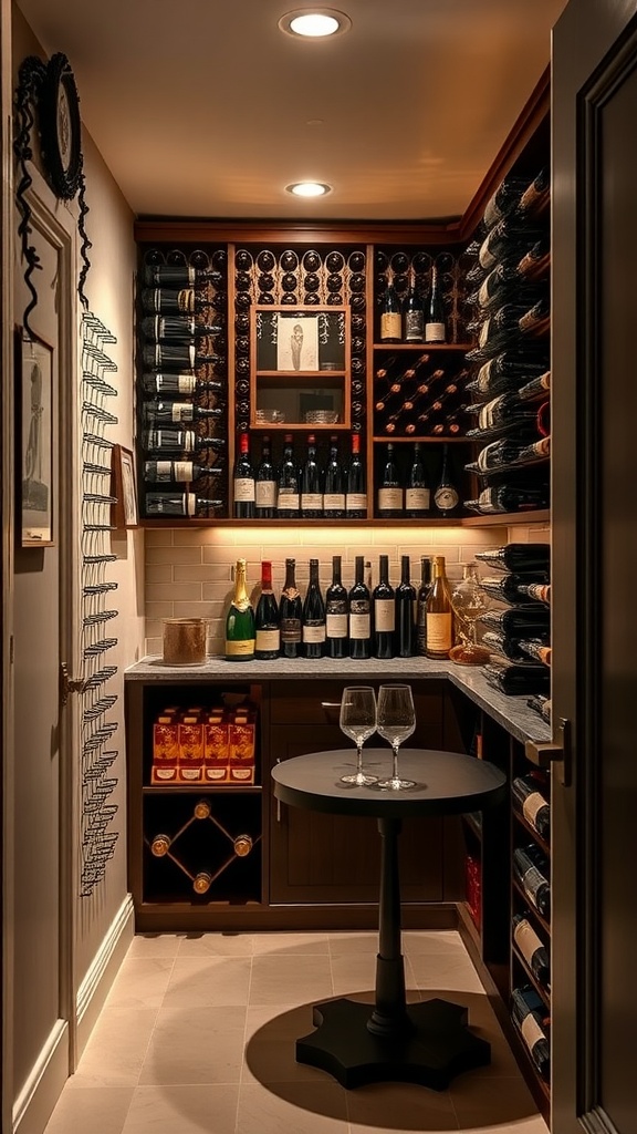 A chic wine cellar corner featuring elegant wooden shelves filled with wine bottles, a small table with two glasses, and decorative elements.