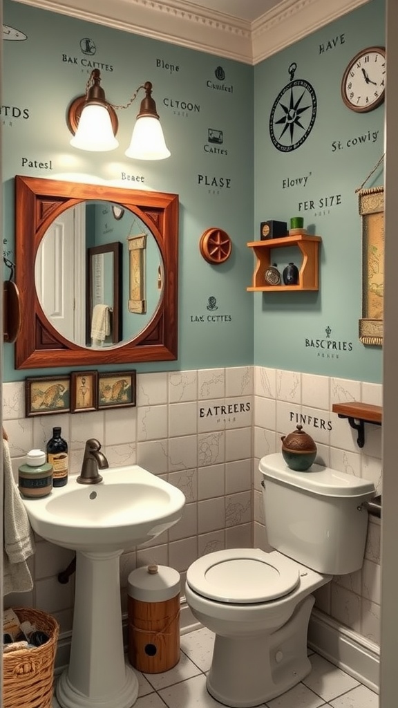 A small bathroom designed with a classic adventure theme, featuring light blue walls adorned with adventurous words and symbols, a wooden mirror, and nautical-themed decor.