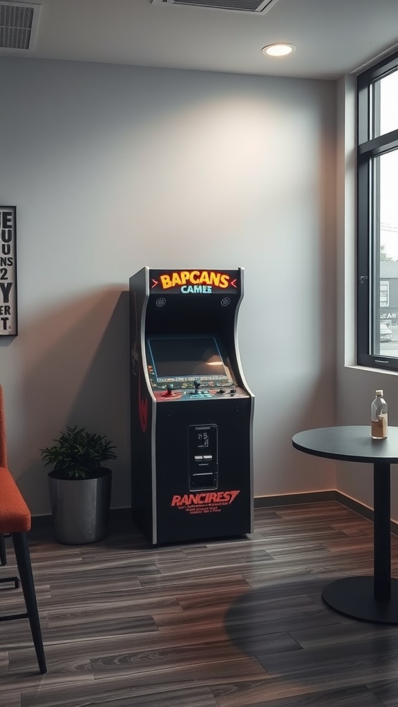 A classic arcade game cabinet in a cozy game room corner.