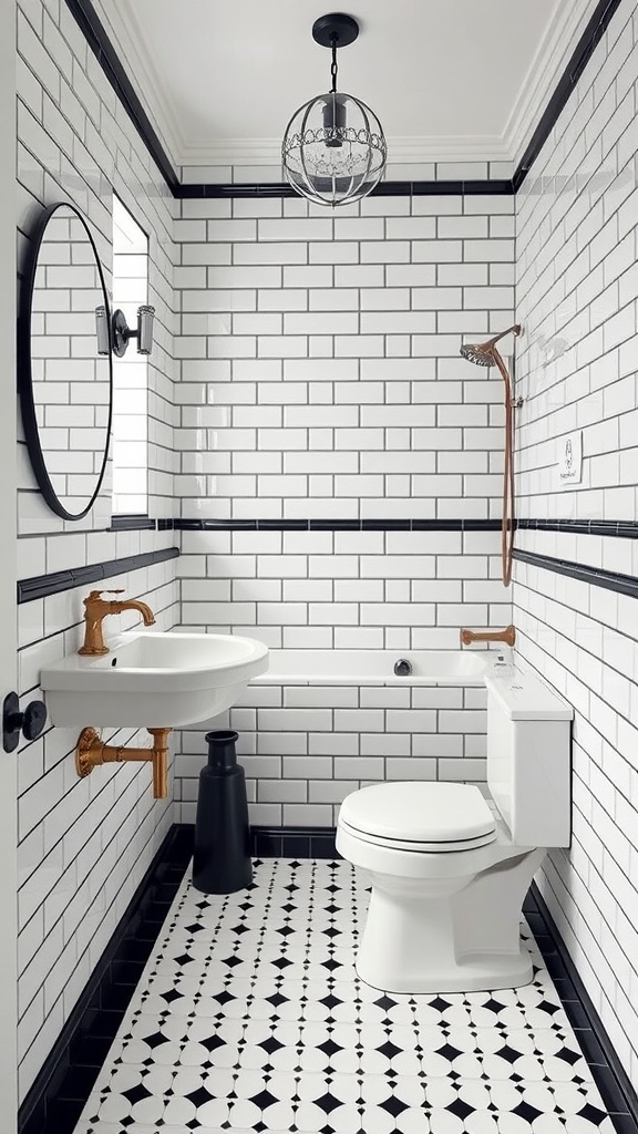 A stylish black and white bathroom featuring white subway tiles, a patterned floor, and copper fixtures.