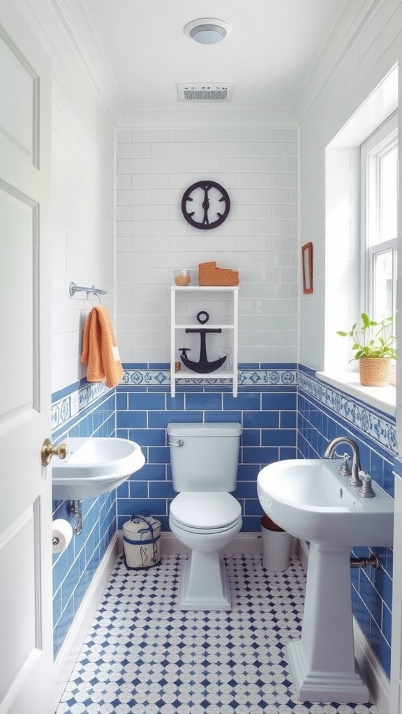 A bathroom featuring a classic blue and white color scheme with blue tiles, white fixtures, and orange towels.