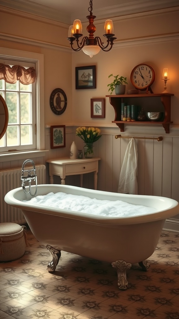 A cozy bathroom featuring a classic clawfoot tub, soft lighting, and decorative elements.