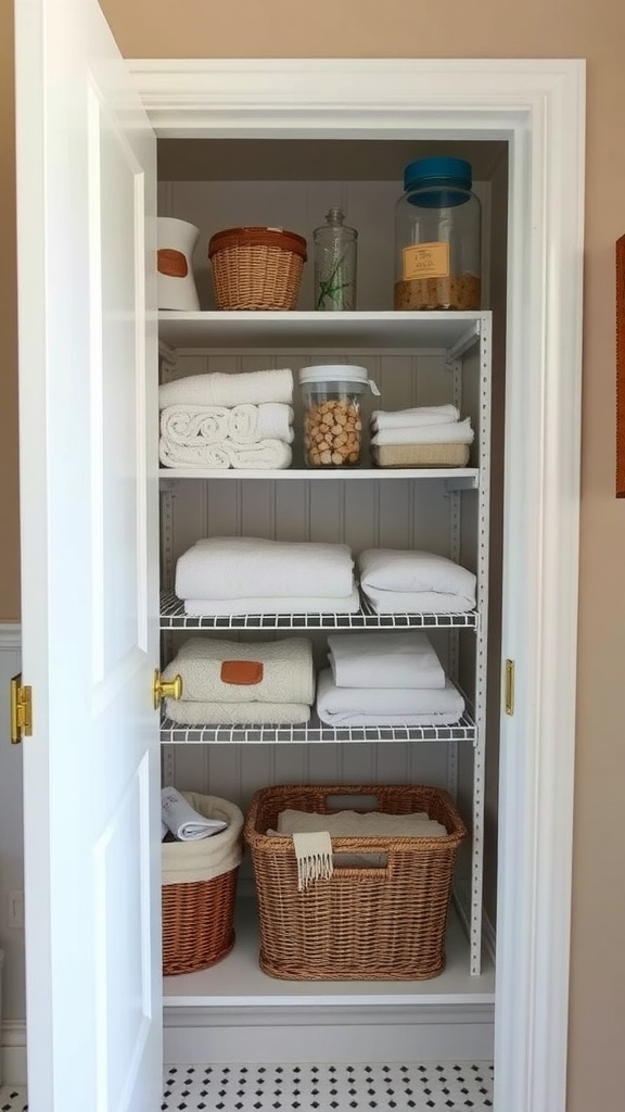 Well-organized classic linen closet with towels and baskets.