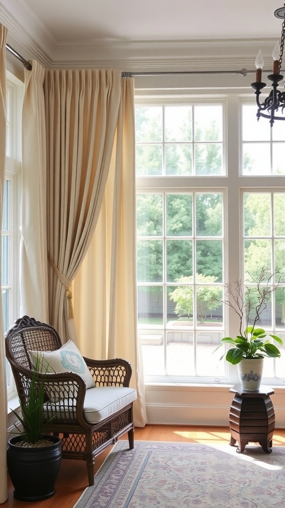 A sunroom featuring classic pleated drapes, a rattan chair, and large windows with greenery outside.