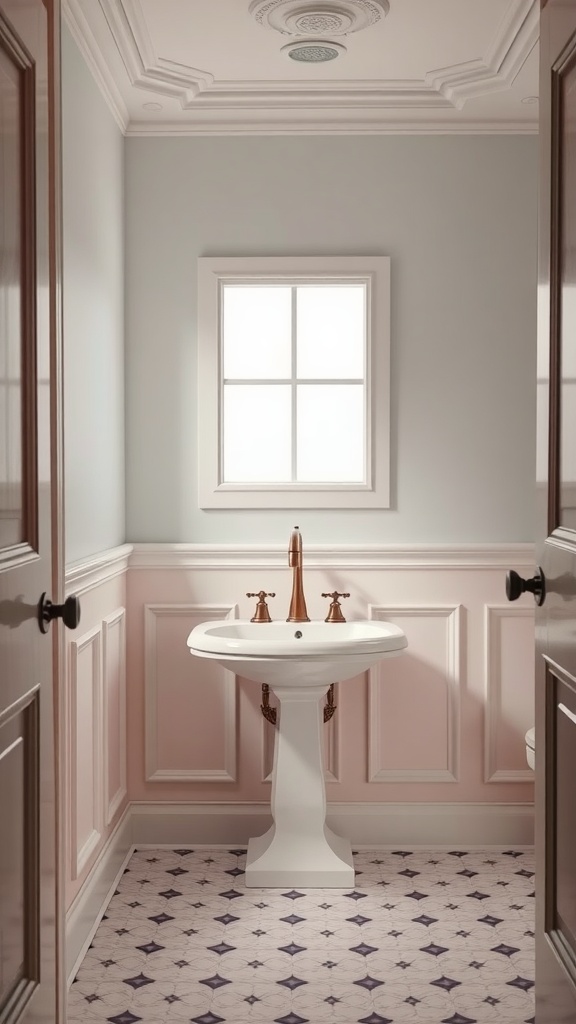 A bathroom featuring classic wainscoting in soft pink, white trim, and vintage-style sink and faucet.