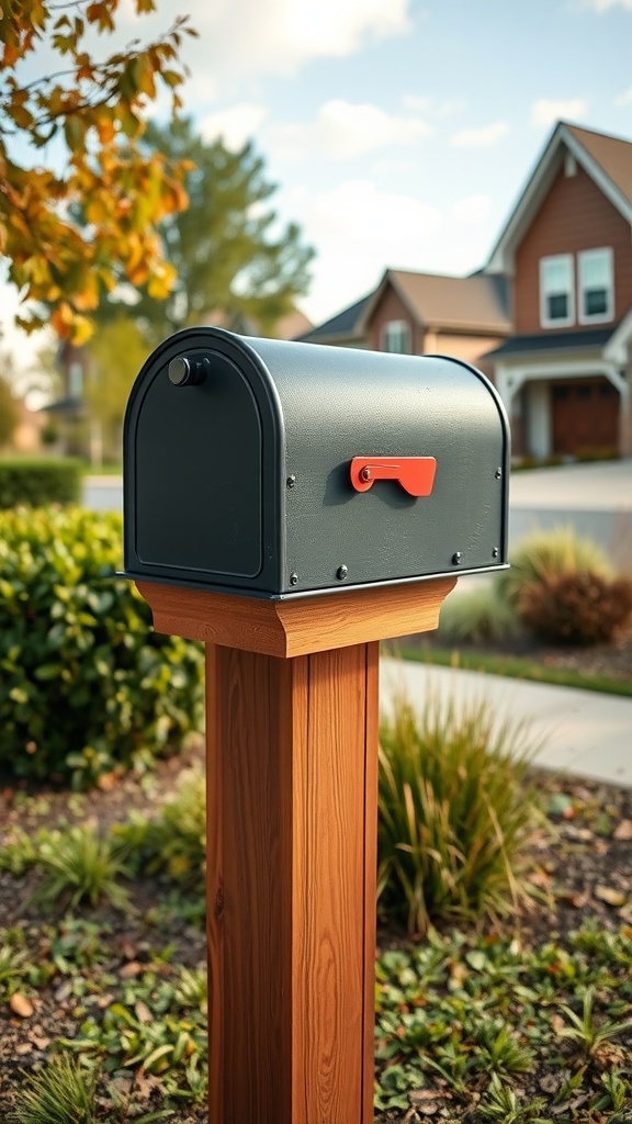 Classic wooden mailbox post with a dark mailbox and red handle, surrounded by greenery and a suburban home in the background.