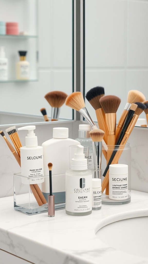 A well-organized bathroom counter featuring clear containers with skincare products and makeup brushes.