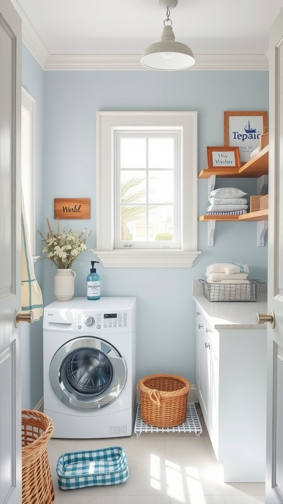 A bright coastal-inspired laundry room with blue walls, a washing machine, and wooden shelves.