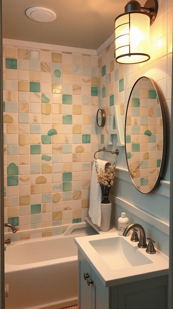 Coastal-themed bathroom with patterned tiles and stylish lighting fixture