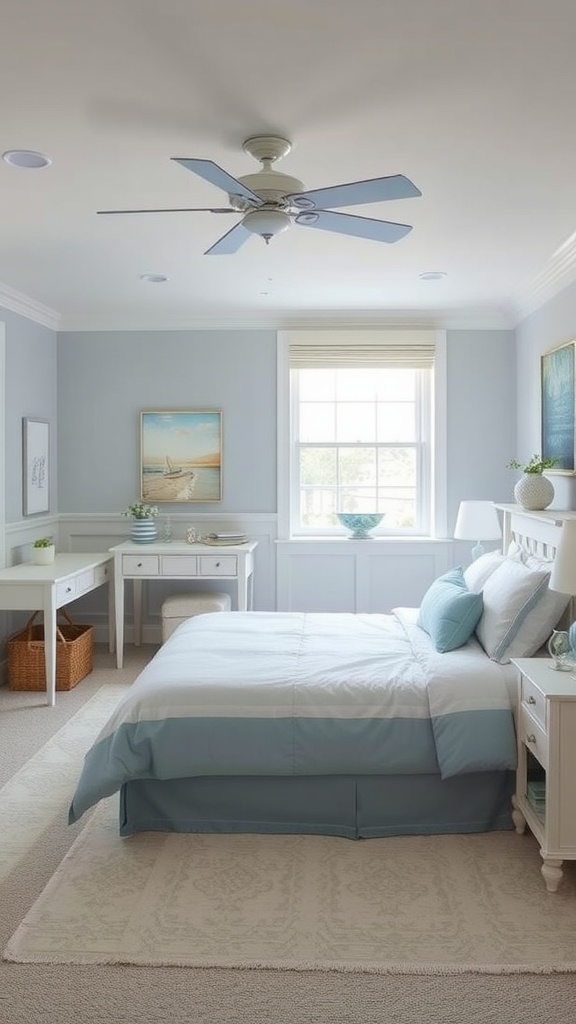 Coastal-inspired bedroom with light blue accents and natural sunlight