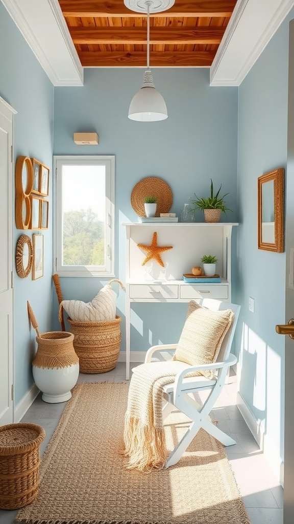 A bright coastal-themed facial room with light blue walls, a white chair, natural decor, and sunlight streaming through the window.