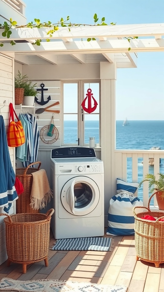 A coastal-inspired outdoor laundry area with a washing machine, nautical decor, and ocean views.