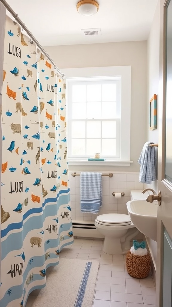 A bright and cheerful bathroom featuring a shower curtain with coastal patterns, showcasing colorful birds and aquatic designs.