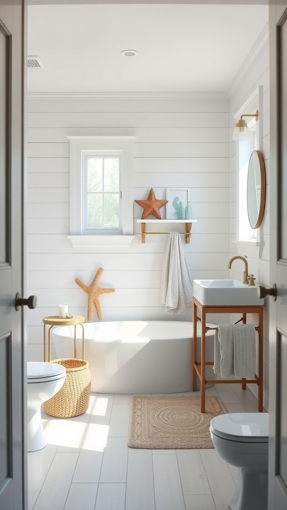 Bright bathroom with shiplap walls, starfish decor, and natural textures