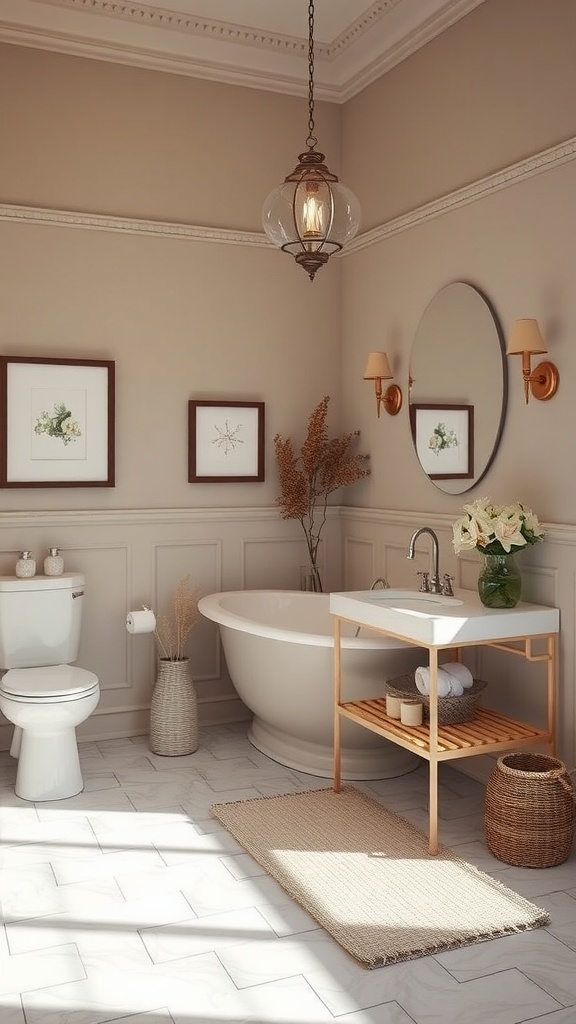 Elegant bathroom with beige walls, white fixtures, and wooden accents