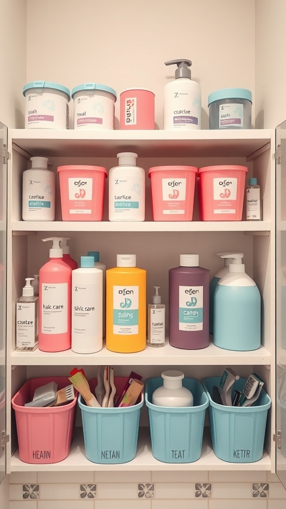 Organized bathroom shelf with color-coded containers in various shades.