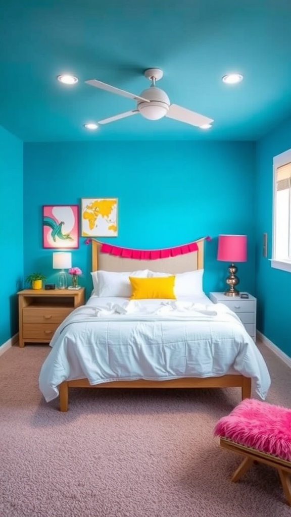 A bright basement bedroom with teal walls, a white bed, colorful decor, and a ceiling fan.