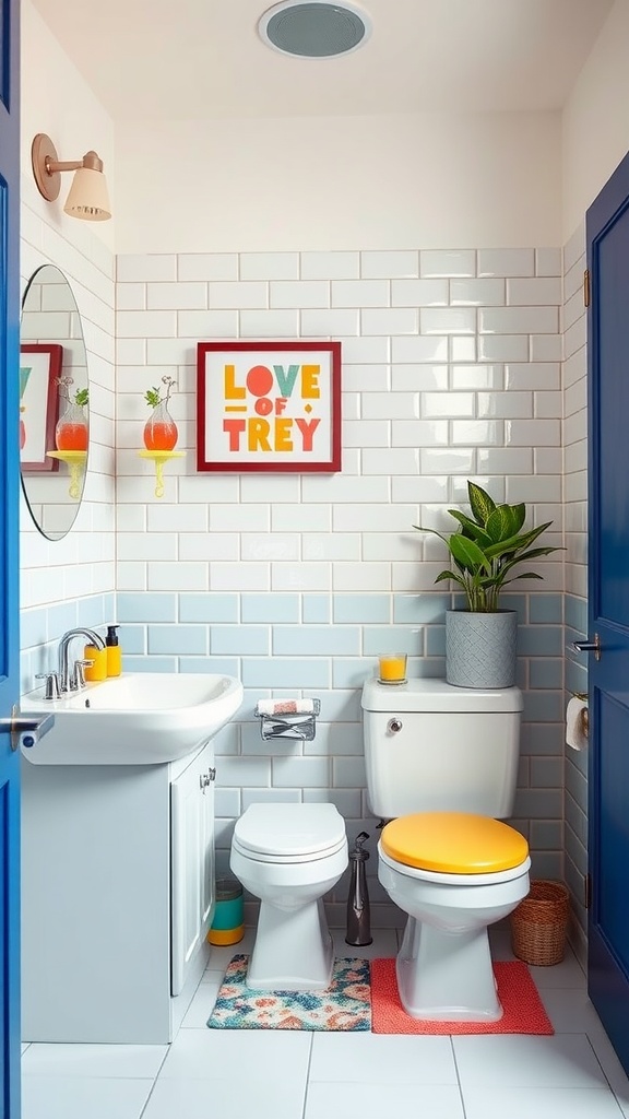 A brightly colored bathroom featuring blue tiles, a yellow toilet seat, and vibrant decor.
