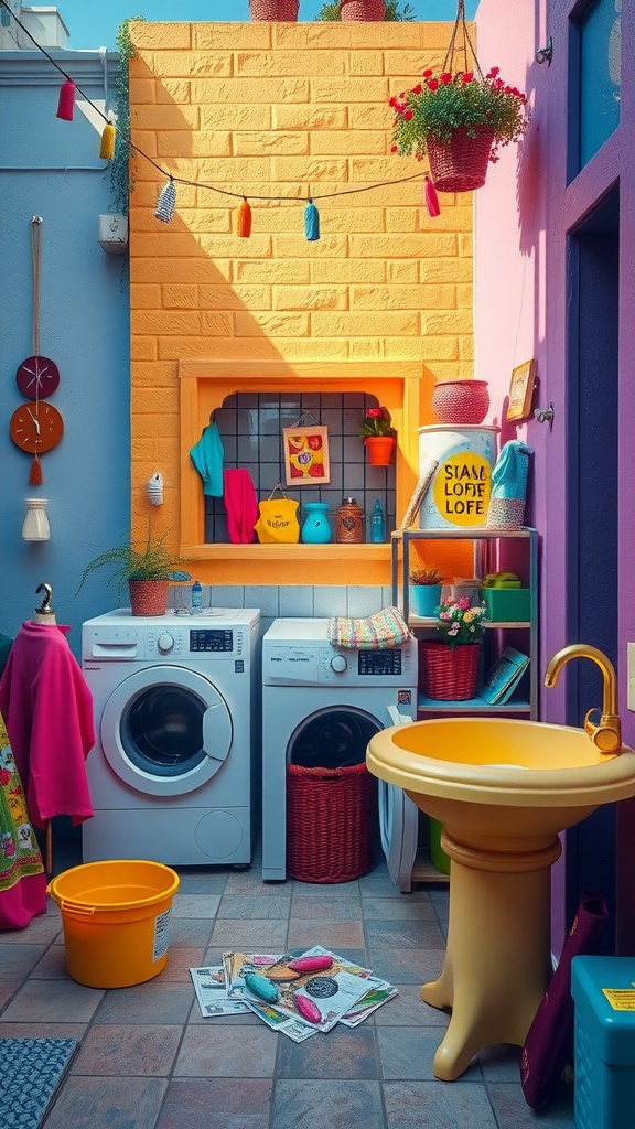 A colorful outdoor laundry room with yellow and pink walls, two washing machines, a bright yellow sink, and decorative elements like plants and colorful towels.