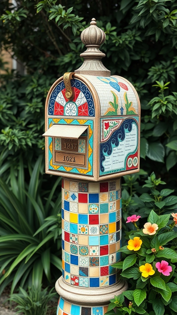 Colorful mosaic mailbox post with intricate designs and bright colors surrounded by plants and flowers.