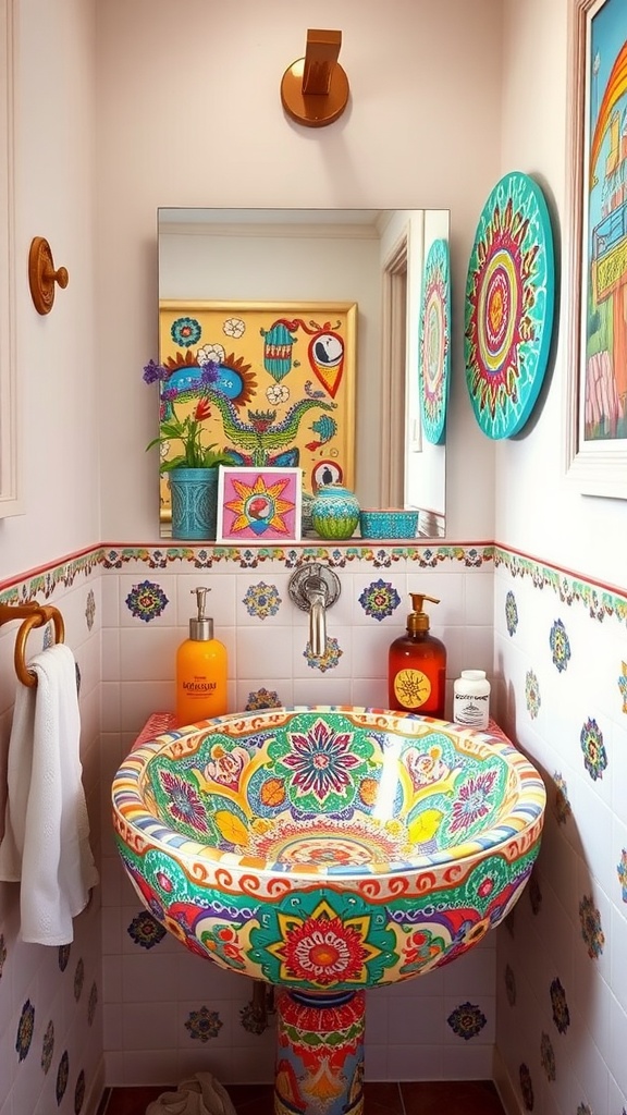 A colorful mosaic tile sink with intricate designs, surrounded by vibrant decor in a stylish bathroom.