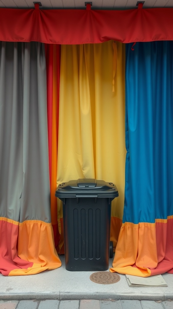 Colorful outdoor curtains hiding a trash can