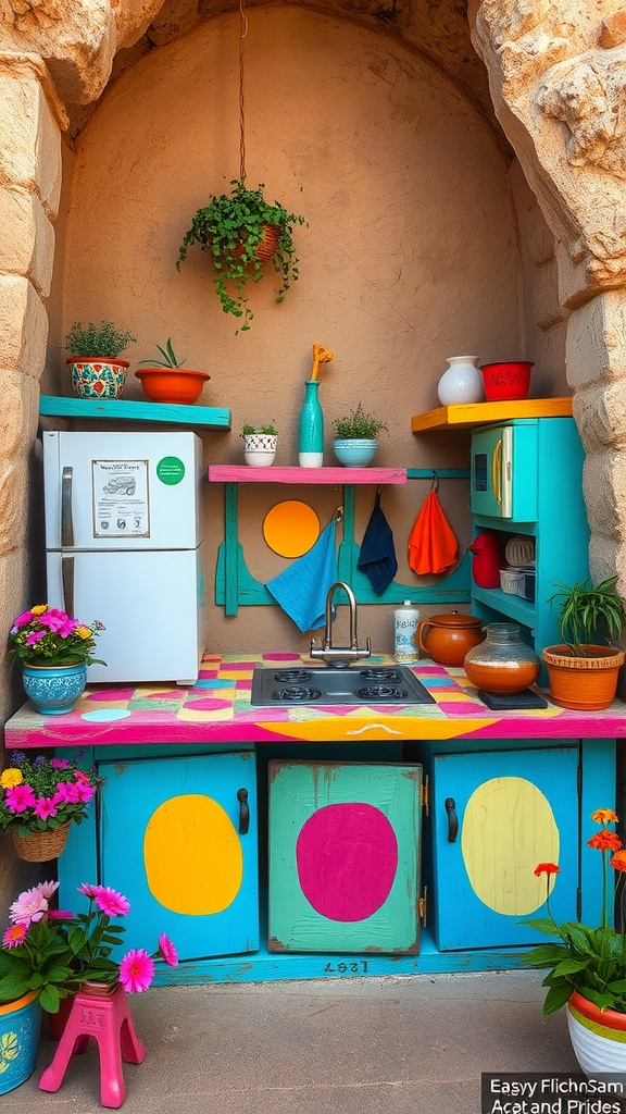 A vibrant outdoor mud kitchen featuring bright colors, polka dots, pots, and plants.