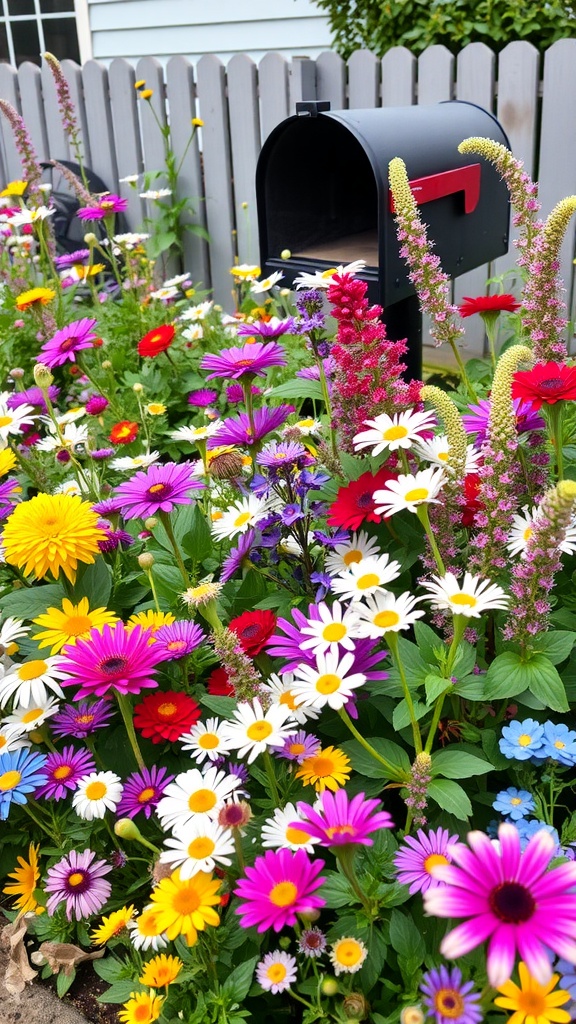 A colorful flower bed with various perennials around a black mailbox.