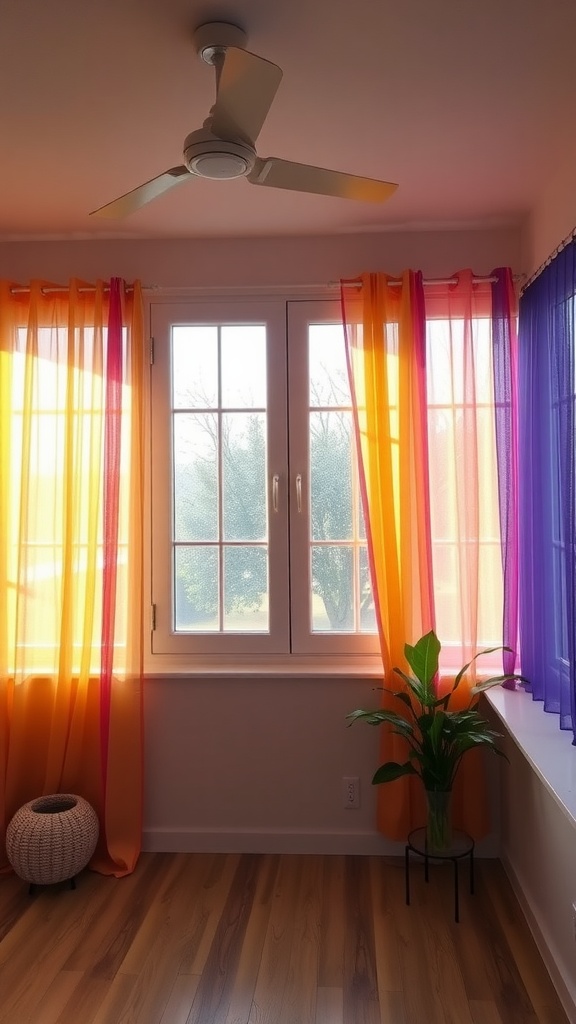 Colorful sheer curtains in orange, pink, and purple hanging in a sunroom with a green plant and wooden floor.