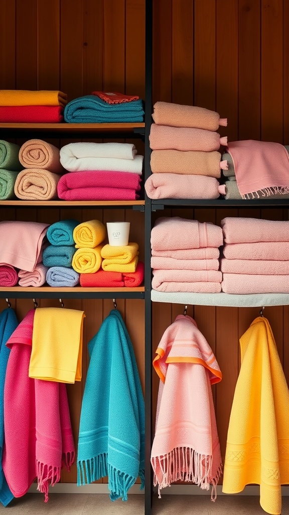 A display of colorful towels on shelves and hanging, featuring shades of pink, blue, yellow, and orange.