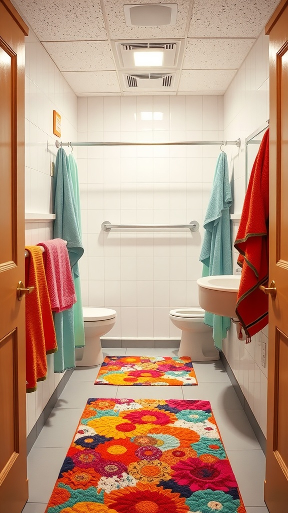 A vibrant dorm bathroom featuring colorful towels and rugs in bright shades of teal, orange, and pink.