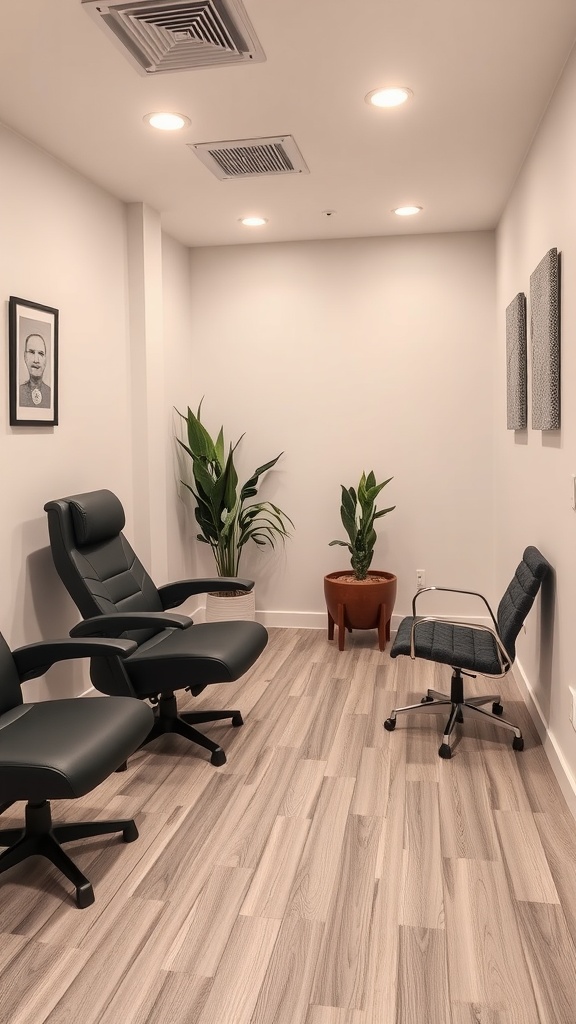 A small massage room featuring comfortable ergonomic chairs, plants, and modern decor.