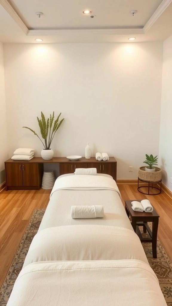 A comfortable massage room featuring neatly arranged massage tables with soft linens and towels.