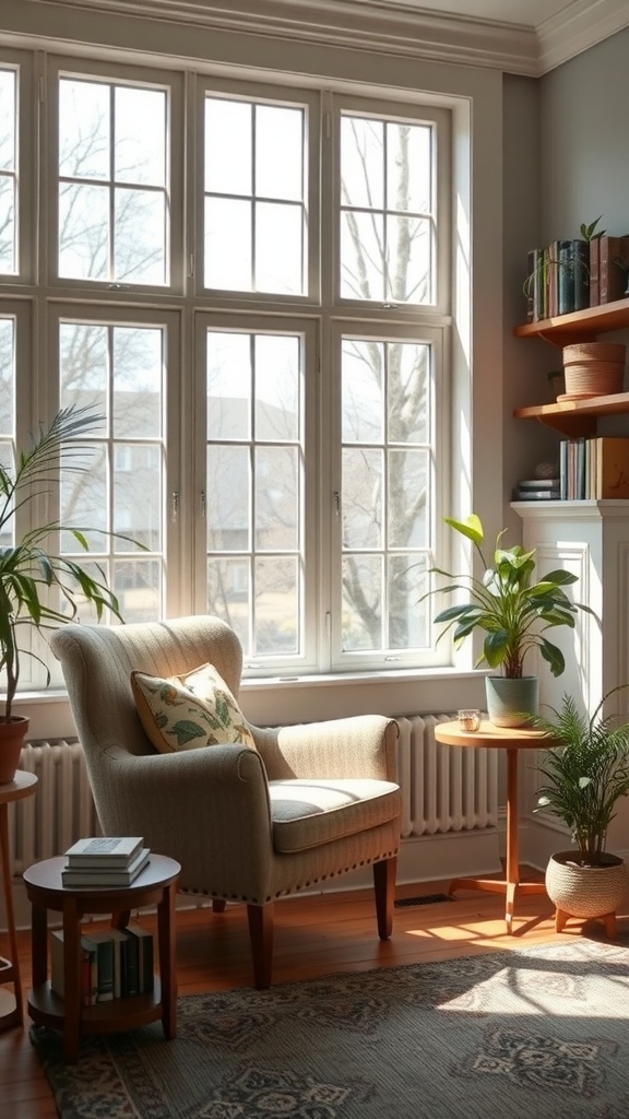A cozy reading nook featuring a comfortable armchair, a side table, and plants, all in a sunlit room.