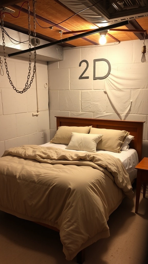 Cozy basement bedroom with a bed and soft beige bedding.