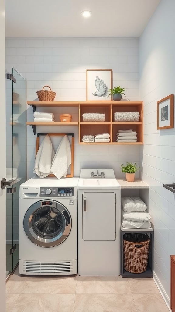 A compact folding laundry station featuring a washer and dryer, open shelving with towels, and decorative items.