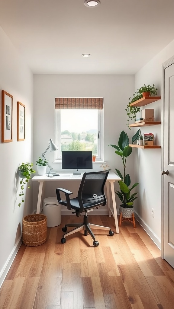 A compact home office setup with a desk, computer, plants, and natural light.