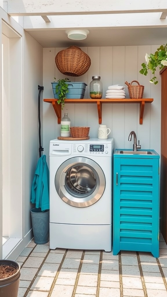 Compact outdoor laundry space featuring a washing machine, sink, and organized shelves.