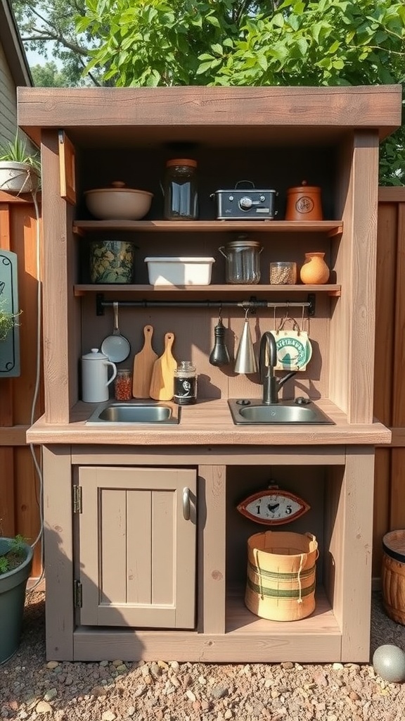 A compact wooden mud kitchen designed for small spaces, featuring two sinks, shelves with pots and utensils, surrounded by greenery.